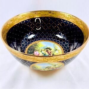 VTG French Large Porcelain Bowl Courtship Scene Cobalt Blue & Gold Trim STUNNING